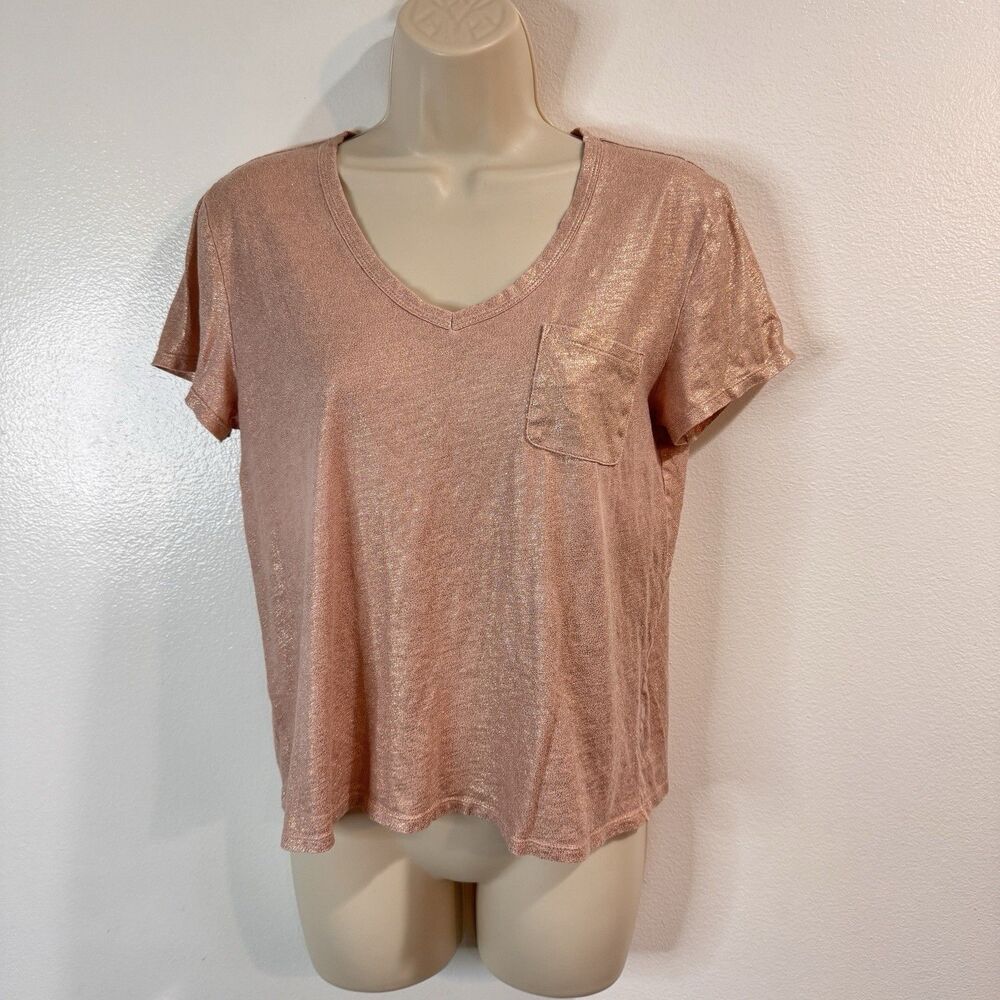 Ann Taylor LOFT T-shirt S Vintage Soft Rose Gold Metallic V-neck Stretch